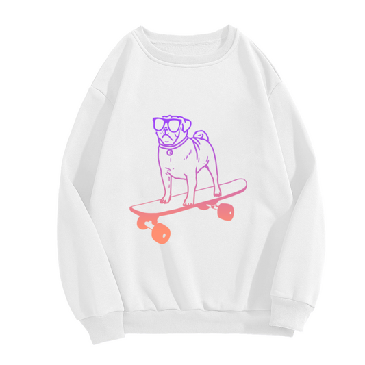 Pug On Skateboard Sunglasses Crewneck Sweatshirt | Cool Gradient Line Art Dog Pullover, Playful Skate Graphic Top, Dog Lover Gift