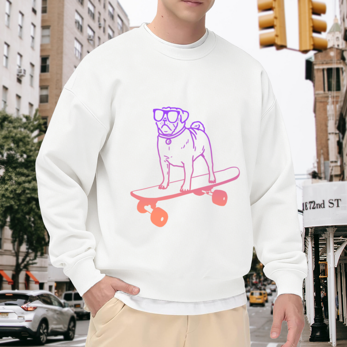 Pug On Skateboard Sunglasses Crewneck Sweatshirt | Cool Gradient Line Art Dog Pullover, Playful Skate Graphic Top, Dog Lover Gift