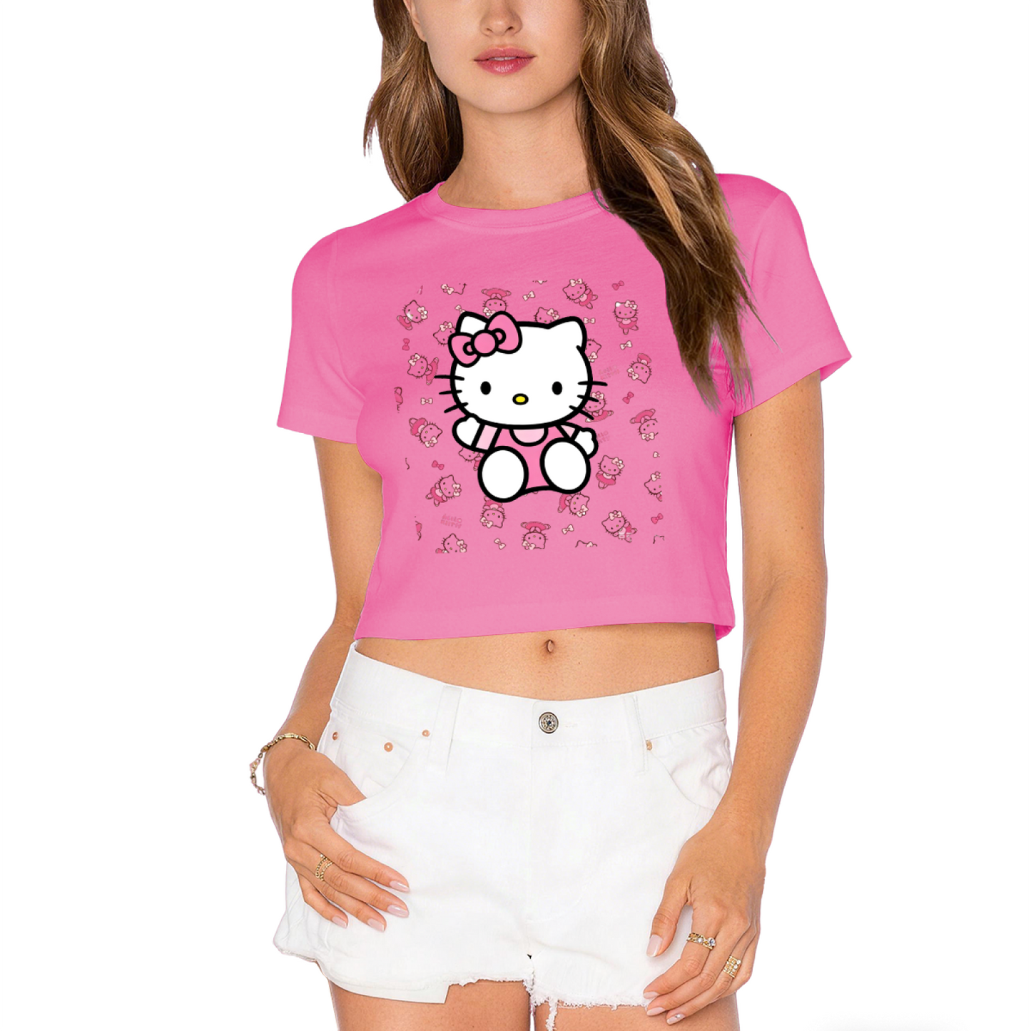 All?Over Hello Kitty Pattern Playful Trendy Cropped T?Shirt