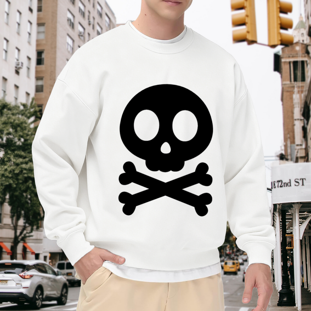 Cute Skull And Crossbones Crewneck Sweatshirt | Minimalist Cartoon Bone Graphic Pullover, Playful Streetwear Top, Halloween Gift