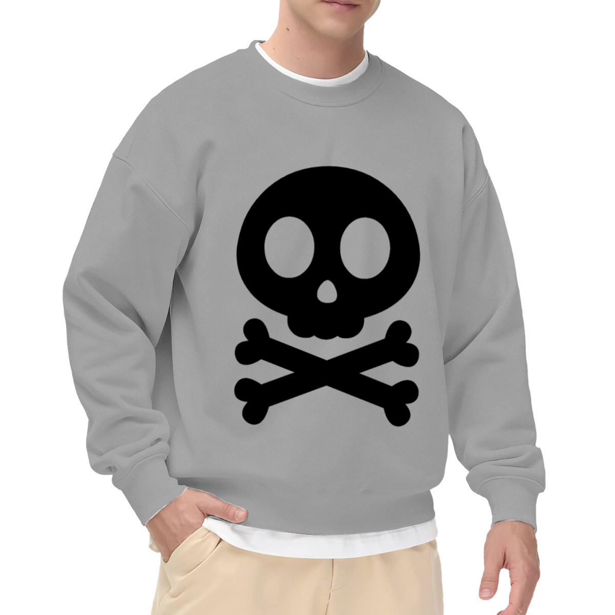 Cute Skull And Crossbones Crewneck Sweatshirt | Minimalist Cartoon Bone Graphic Pullover, Playful Streetwear Top, Halloween Gift