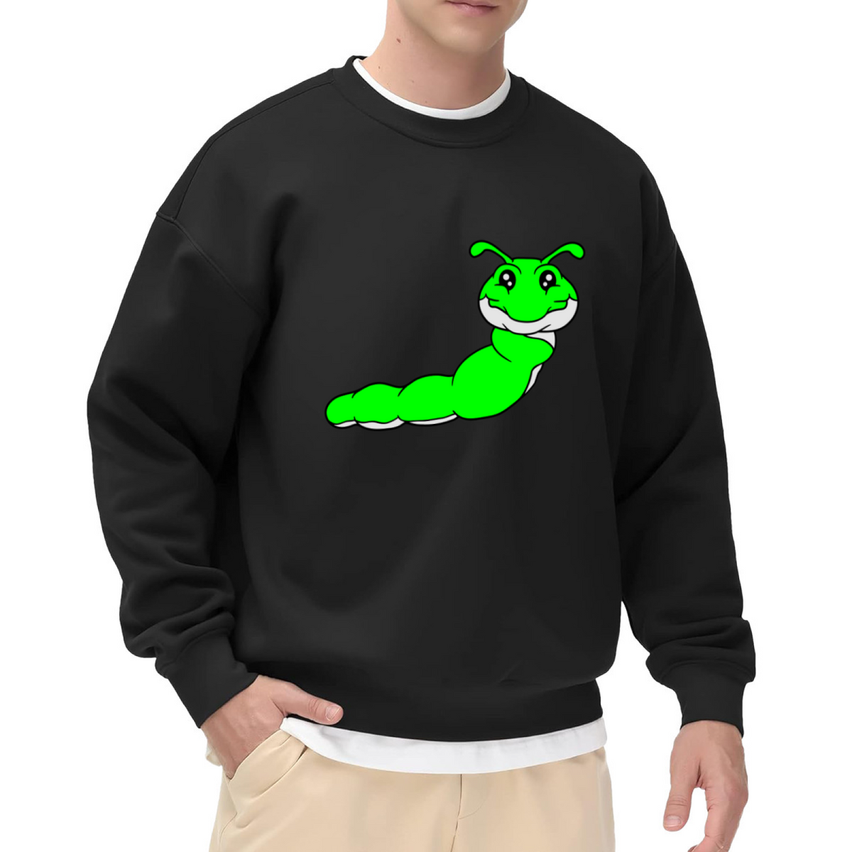 Cute Cartoon Caterpillar Sweatshirt | Playful Green Bug Graphic Crewneck, Kids Nature Pullover Top, Whimsical Insect Gift for Children Adults