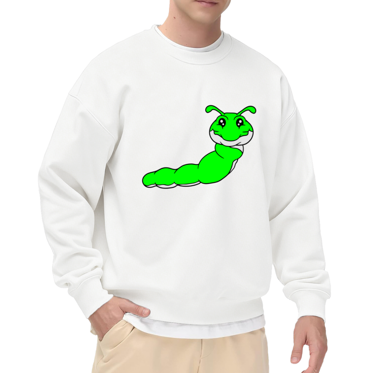 Cute Cartoon Caterpillar Sweatshirt | Playful Green Bug Graphic Crewneck, Kids Nature Pullover Top, Whimsical Insect Gift for Children Adults