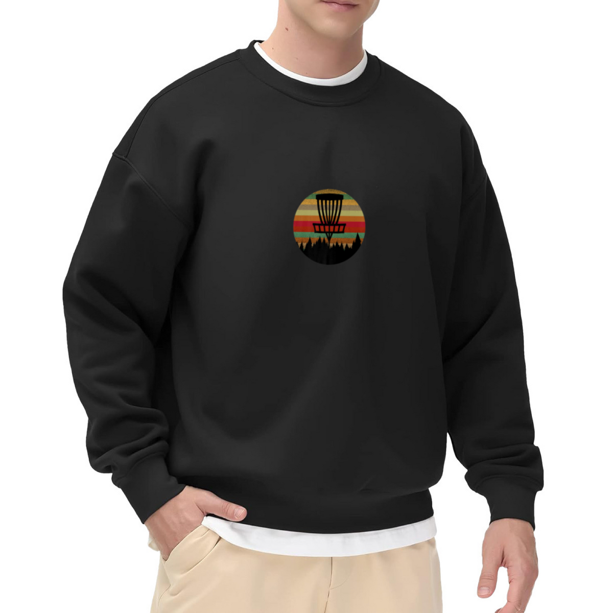 Disc Golf Retro Sunset Sweatshirt | Disc Golf Basket Forest Graphic Crewneck, Vintage Outdoor Pullover Top, Frisbee Golf Gift for Men Women