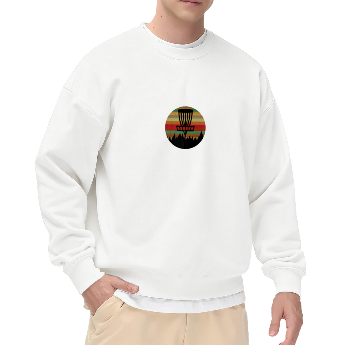 Disc Golf Retro Sunset Sweatshirt | Disc Golf Basket Forest Graphic Crewneck, Vintage Outdoor Pullover Top, Frisbee Golf Gift for Men Women