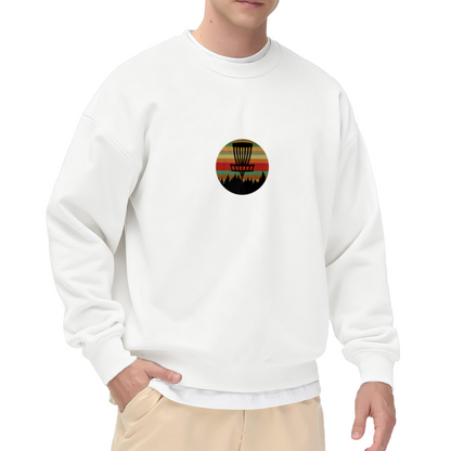 Disc Golf Retro Sunset Sweatshirt | Disc Golf Basket Forest Graphic Crewneck, Vintage Outdoor Pullover Top, Frisbee Golf Gift for Men Women