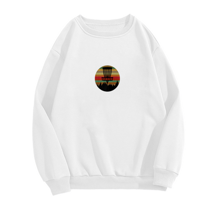 Disc Golf Retro Sunset Sweatshirt | Disc Golf Basket Forest Graphic Crewneck, Vintage Outdoor Pullover Top, Frisbee Golf Gift for Men Women