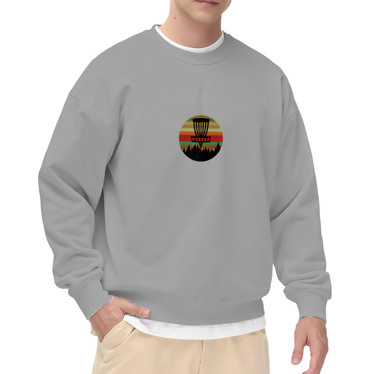 Disc Golf Retro Sunset Sweatshirt | Disc Golf Basket Forest Graphic Crewneck, Vintage Outdoor Pullover Top, Frisbee Golf Gift for Men Women