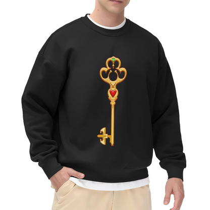 Vintage Ornate Key Sweatshirt | Golden Heart Gemstone Gothic Key Graphic Crewneck, Retro Decorative Pullover Top, Fantasy Lover Gift for Women Men
