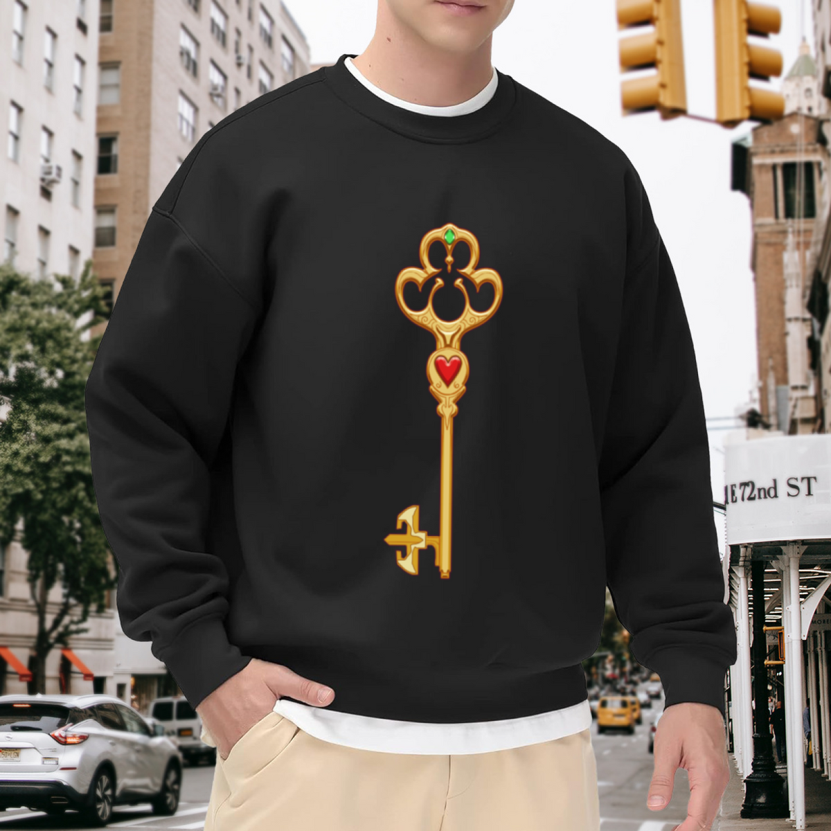 Vintage Ornate Key Sweatshirt | Golden Heart Gemstone Gothic Key Graphic Crewneck, Retro Decorative Pullover Top, Fantasy Lover Gift for Women Men