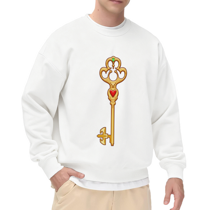 Vintage Ornate Key Sweatshirt | Golden Heart Gemstone Gothic Key Graphic Crewneck, Retro Decorative Pullover Top, Fantasy Lover Gift for Women Men
