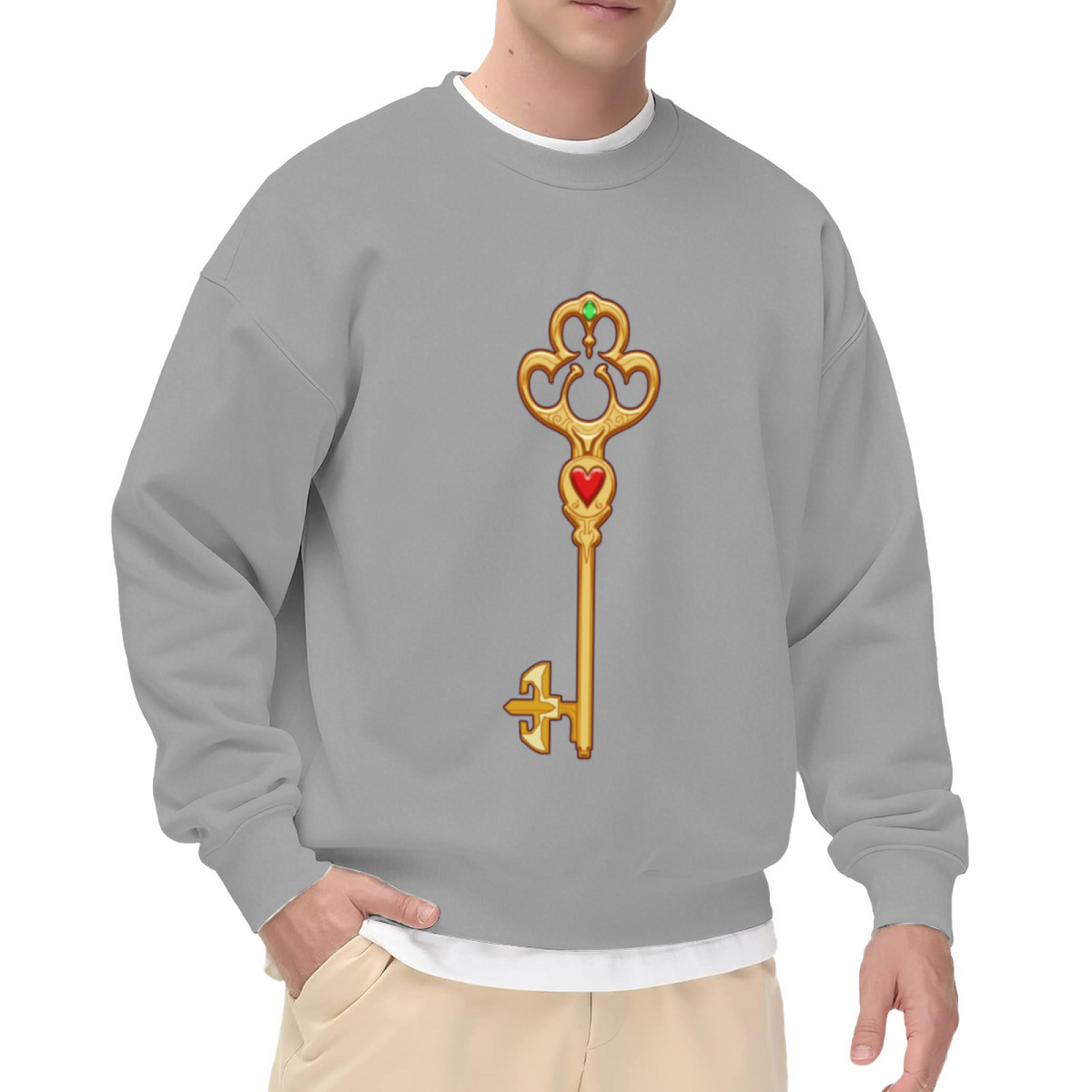 Vintage Ornate Key Sweatshirt | Golden Heart Gemstone Gothic Key Graphic Crewneck, Retro Decorative Pullover Top, Fantasy Lover Gift for Women Men