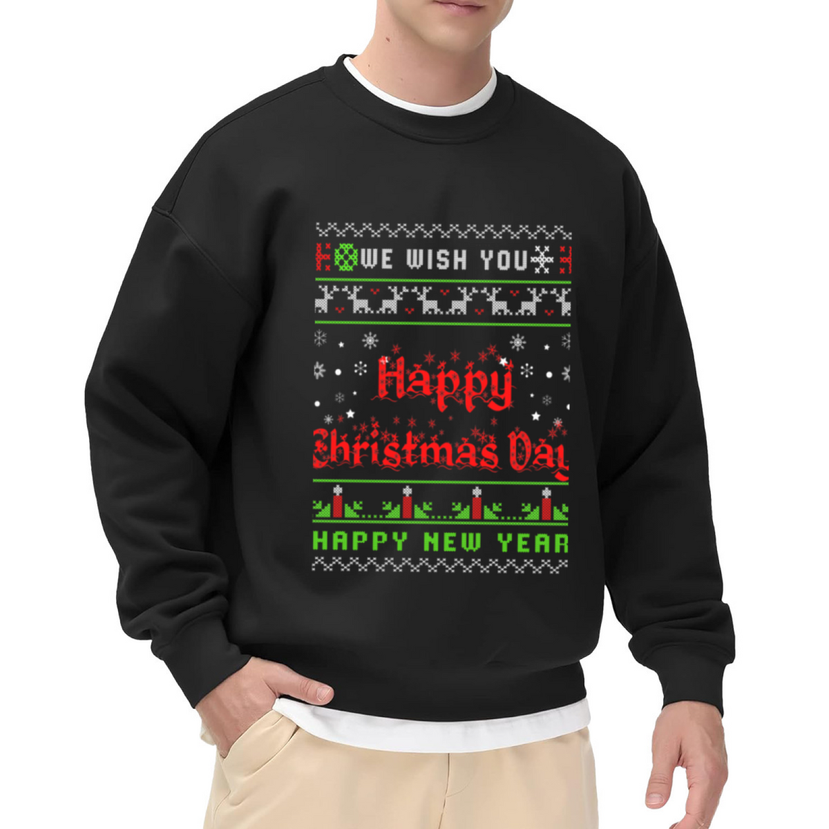 Happy Christmas Day Pixel Ugly Sweater Crewneck Sweatshirt | Retro Cross-Stitch Holiday Pullover, Christmas New Year Gift