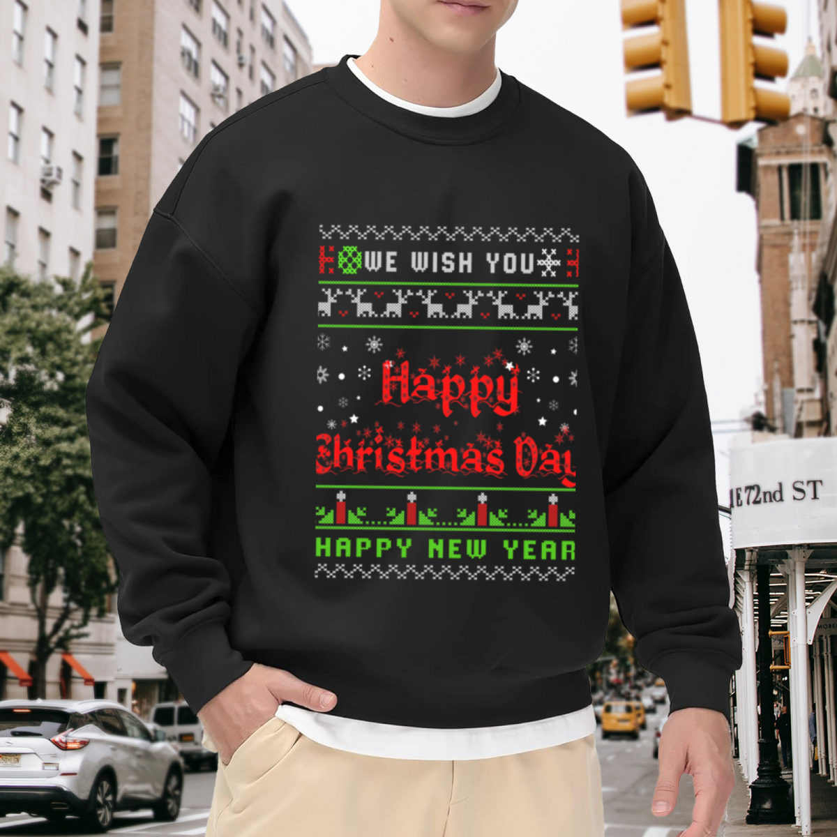 Happy Christmas Day Pixel Ugly Sweater Crewneck Sweatshirt | Retro Cross-Stitch Holiday Pullover, Christmas New Year Gift