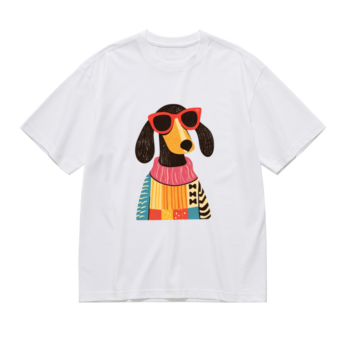 Fashionista Sausage Dog In Colorful Patchwork Sweater Graphic Tee