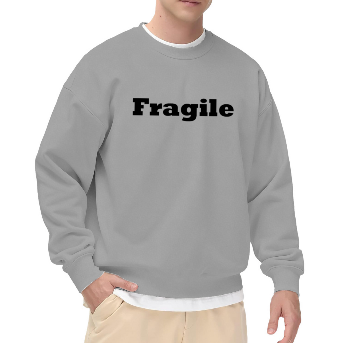 Fragile Crewneck Sweatshirt | Minimalist Bold Serif Lettering Pullover, Simple Text Graphic Streetwear Top