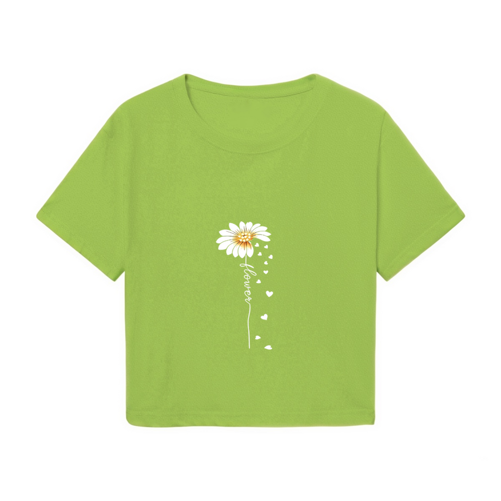 Daisy Flower Heart Handwriting Lime Crop Top ¨C Soft Cottagecore Aesthetic Tee