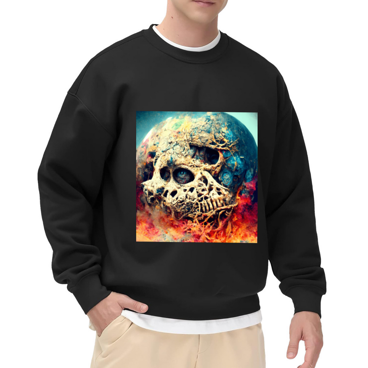 Surreal Planet Skull Crewneck Sweatshirt, Cosmic Flaming Skeleton Pullover, Halloween Gift