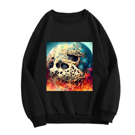 Surreal Planet Skull Crewneck Sweatshirt, Cosmic Flaming Skeleton Pullover, Halloween Gift