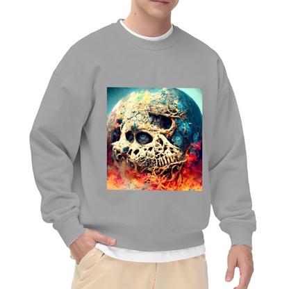 Surreal Planet Skull Crewneck Sweatshirt, Cosmic Flaming Skeleton Pullover, Halloween Gift