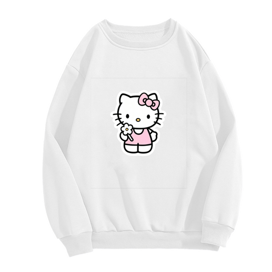 Sweet Hello Kitty Holding Flower Cute Cartoon Crewneck Sweatshirt