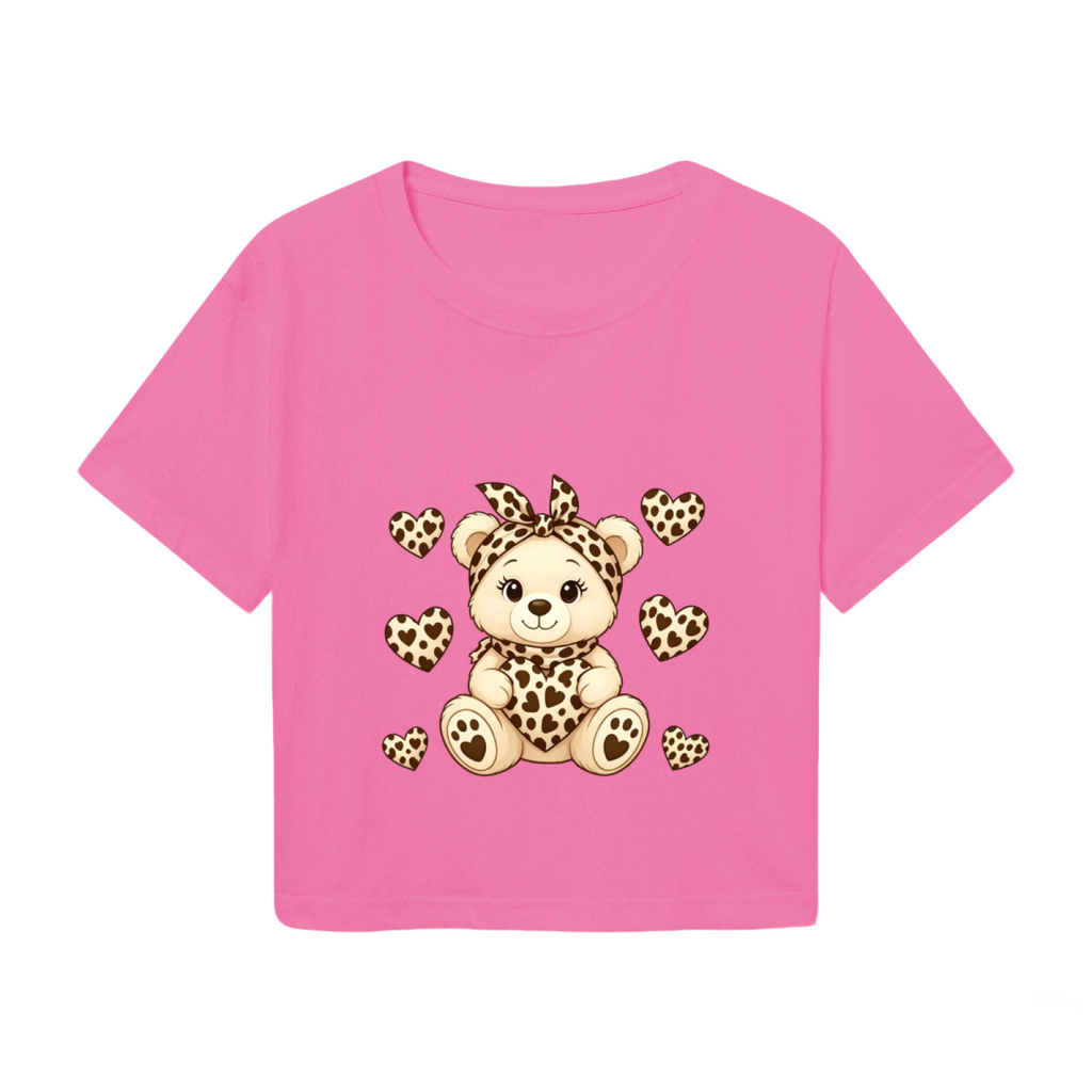 Adorable Leopard Print Bear & Hearts Sweet Pink Crop Top