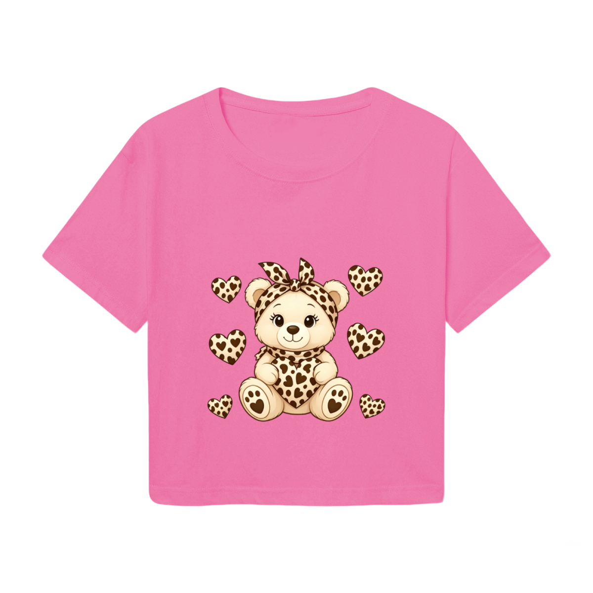 Adorable Leopard Print Bear & Hearts Sweet Pink Crop Top