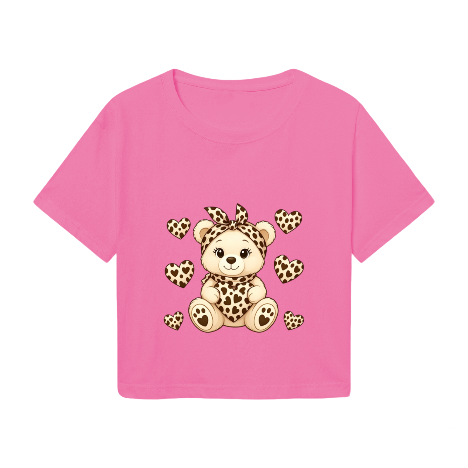 Adorable Leopard Print Bear & Hearts Sweet Pink Crop Top