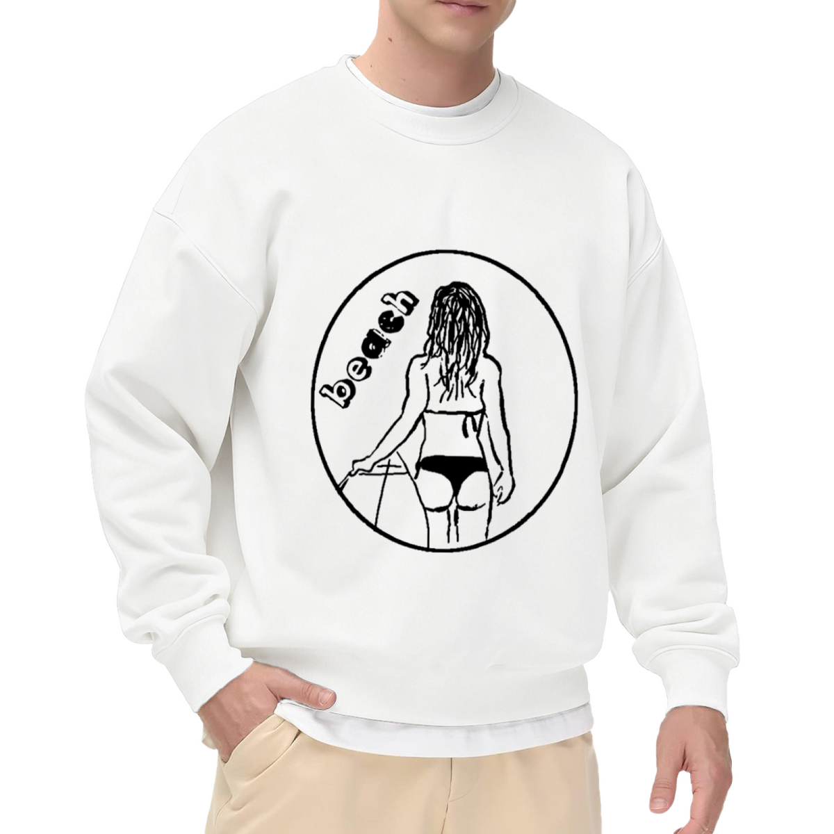 Beach Girl Line Art Crewneck Sweatshirt, Minimalist Surfboard Summer Pullover, Beach Lover Gift