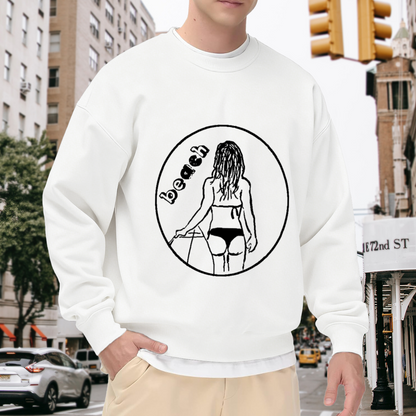 Beach Girl Line Art Crewneck Sweatshirt, Minimalist Surfboard Summer Pullover, Beach Lover Gift