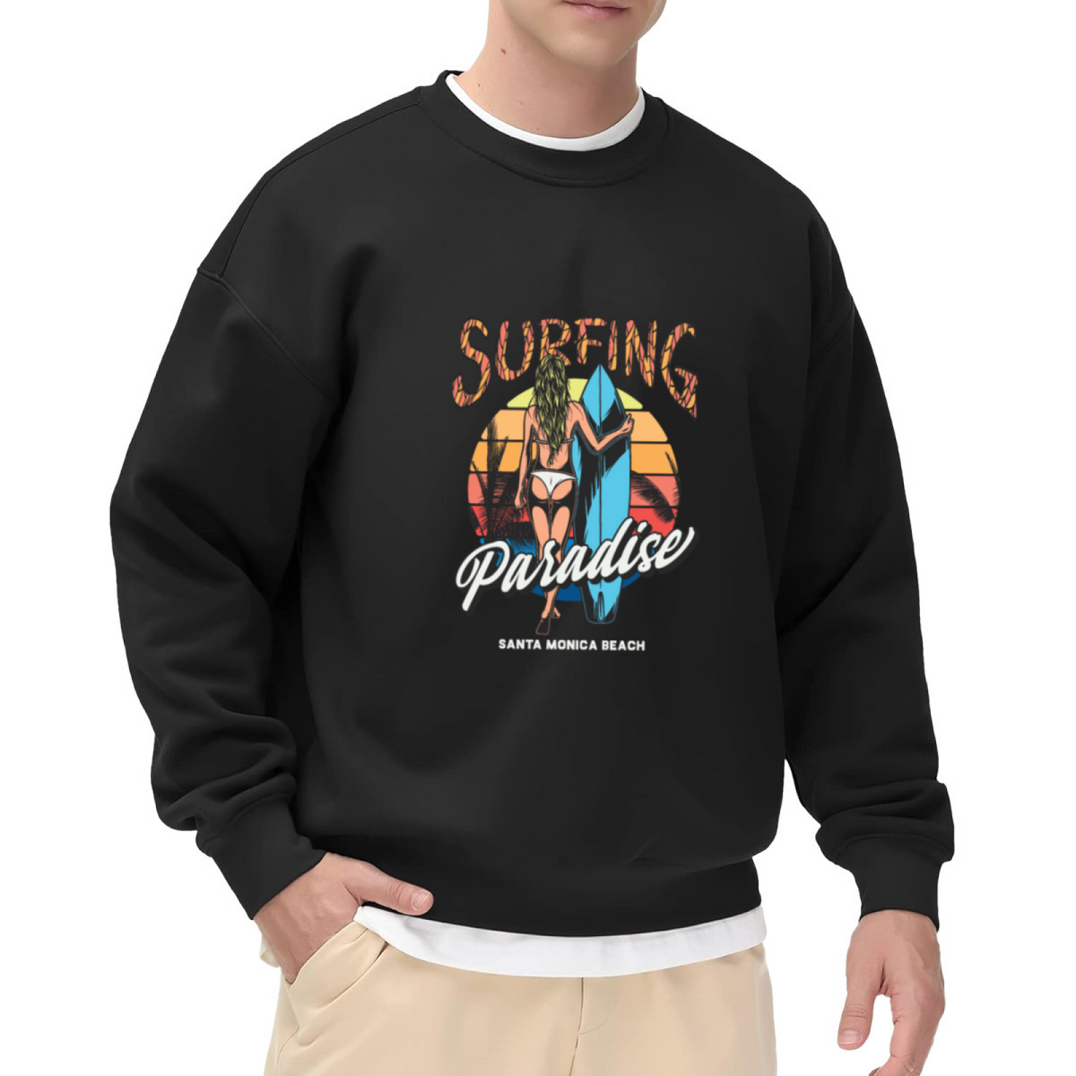 Surfing Paradise Retro Surfer Girl Sunset Crewneck Sweatshirt | Vintage Beach Surfboard Graphic Pullover, Surf Lover Gift