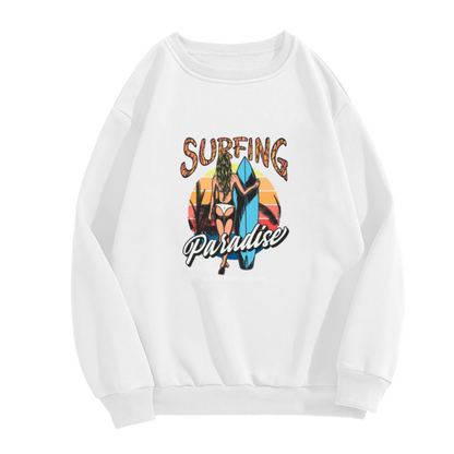 Surfing Paradise Retro Surfer Girl Sunset Crewneck Sweatshirt | Vintage Beach Surfboard Graphic Pullover, Surf Lover Gift