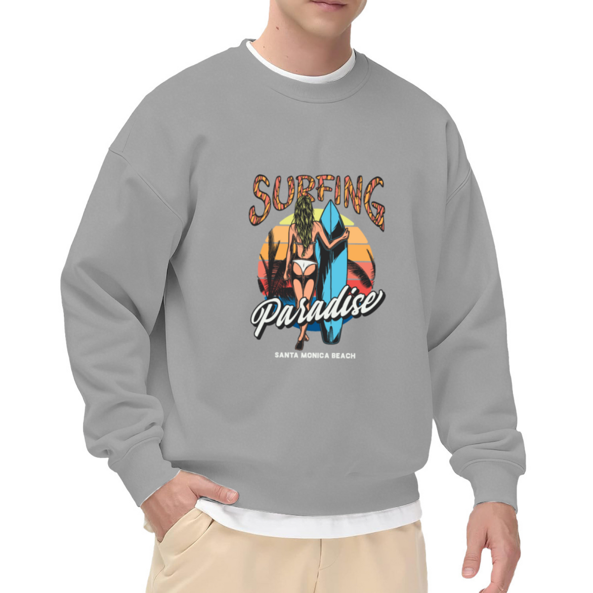 Surfing Paradise Retro Surfer Girl Sunset Crewneck Sweatshirt | Vintage Beach Surfboard Graphic Pullover, Surf Lover Gift