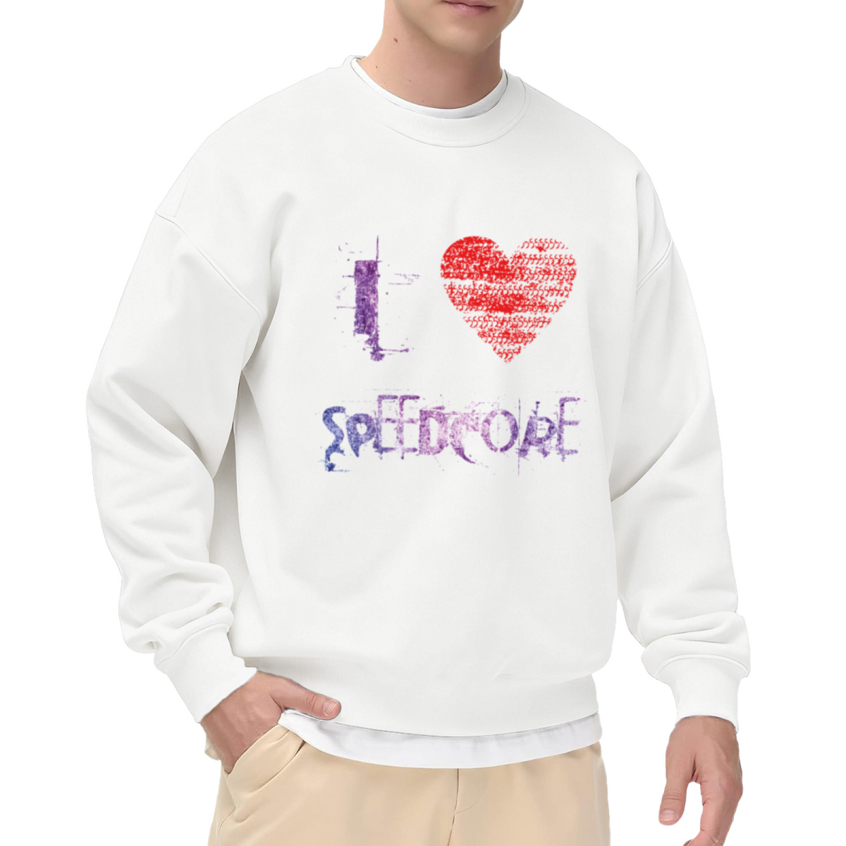 i Love Speedcore Crewneck Sweatshirt Glitch Pixel Aesthetic Music Genre Graphic Top for Electronic Music Fans