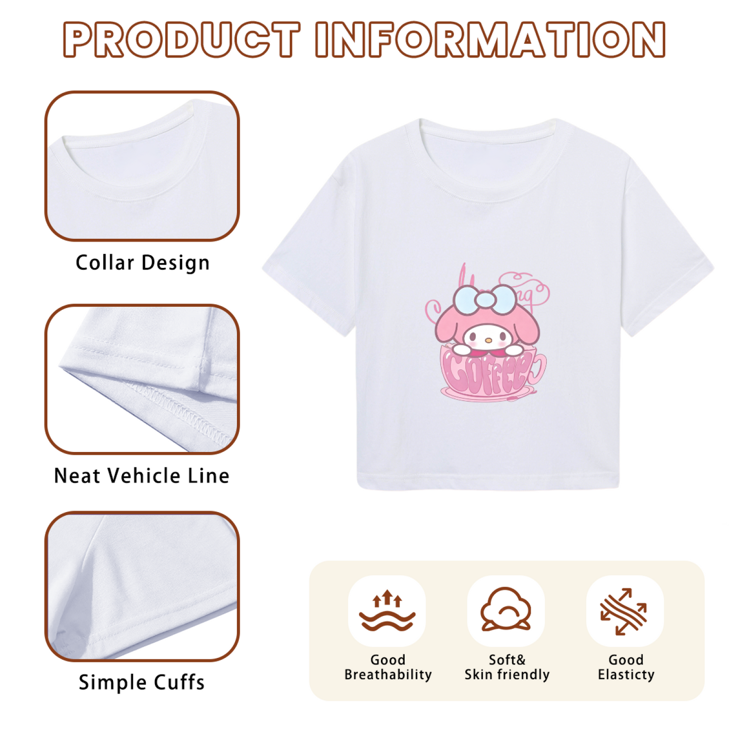 Sweet My Melody In Coffee Cup Graphic Cropped Top Y2K Kawaii Tee