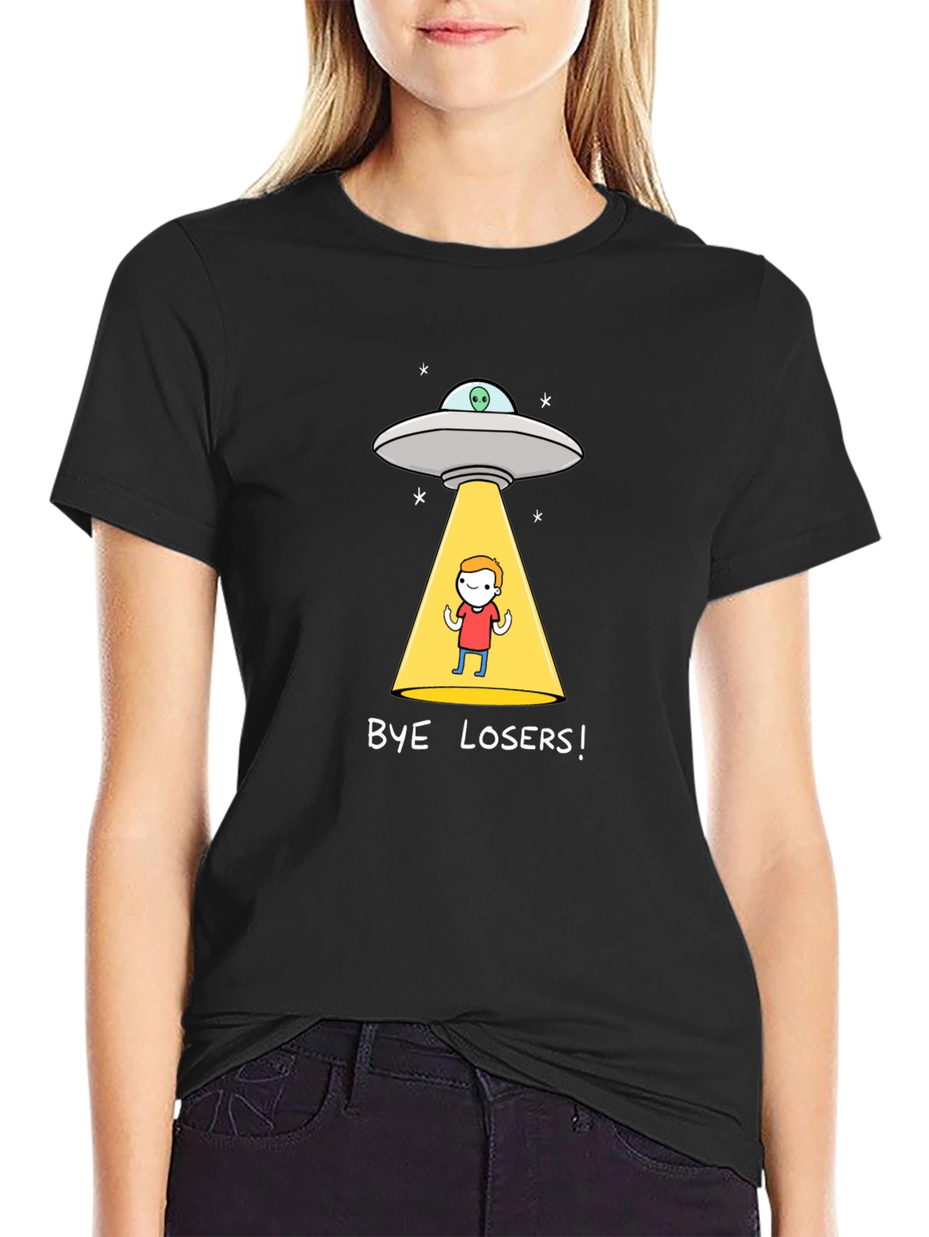 Bye Losers! Alien Abduction Graphic Tee - Black Cotton Blend