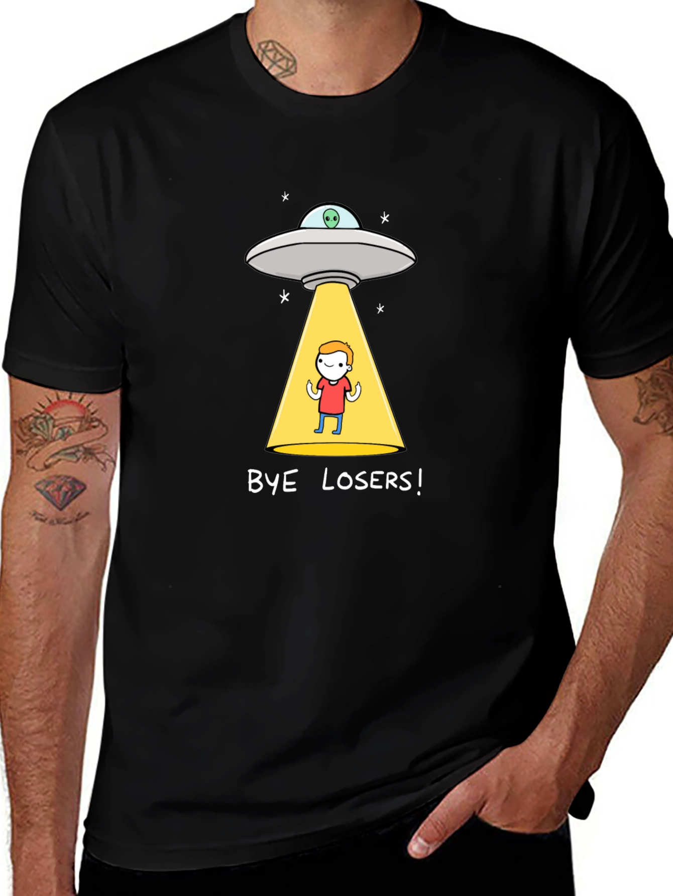 Bye Losers! Alien Abduction Graphic Tee - Black Cotton Blend