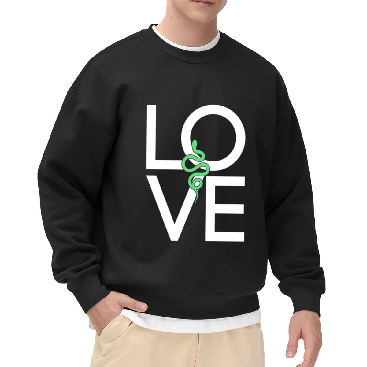Love Snake Sweatshirt | Minimalist Letter Graphic Crewneck, Green Snake Illustration Pullover Top, Edgy Streetwear Gift for Women Men