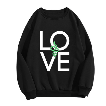 Love Snake Sweatshirt | Minimalist Letter Graphic Crewneck, Green Snake Illustration Pullover Top, Edgy Streetwear Gift for Women Men
