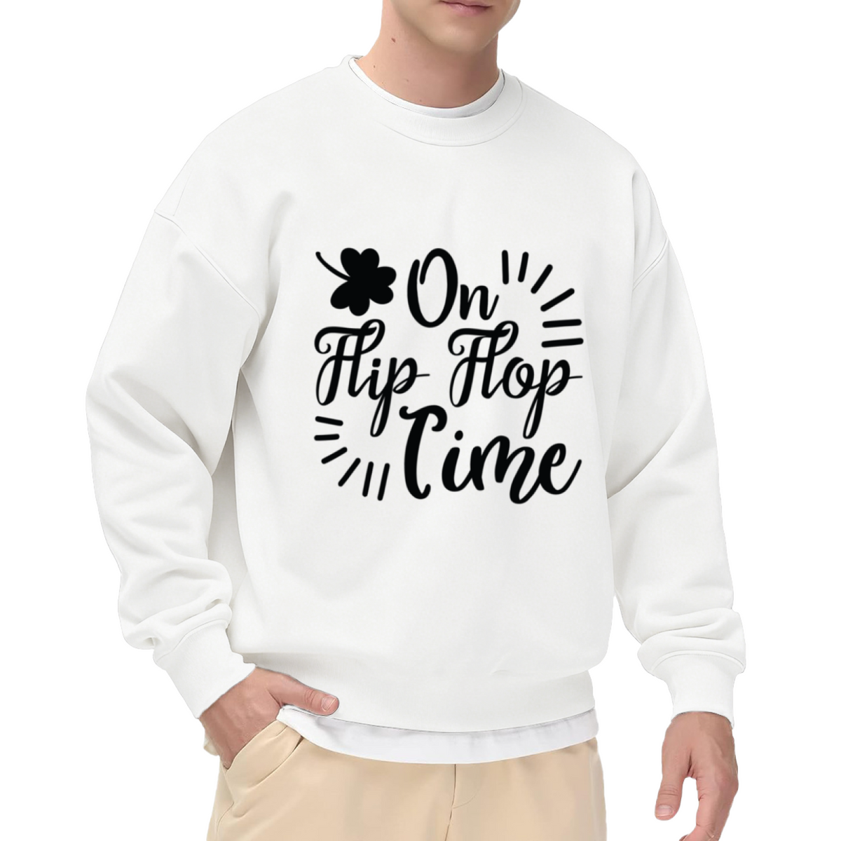 On Flip Flop Time Clover Script Crewneck Sweatshirt | Laid-Back Summer Casual Pullover, St Patrick's Day Gift