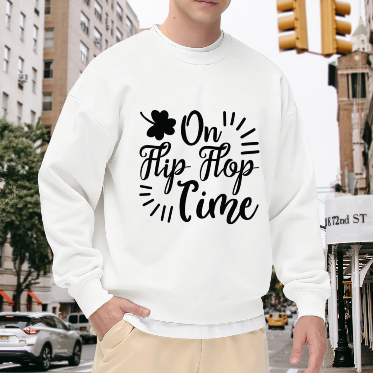 On Flip Flop Time Clover Script Crewneck Sweatshirt | Laid-Back Summer Casual Pullover, St Patrick's Day Gift