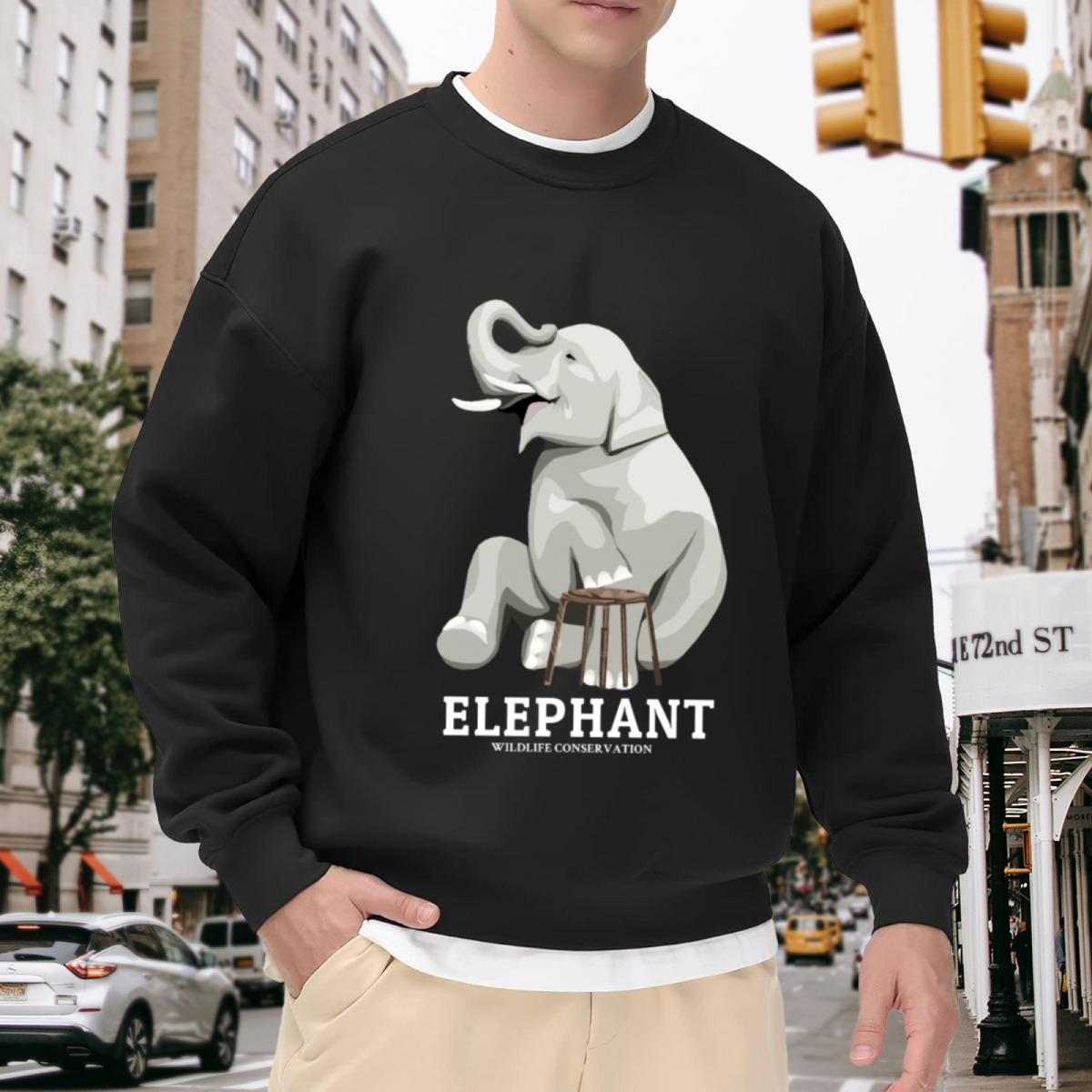 Elephant Wildlife Conservation Crewneck Sweatshirt, Cute Cartoon Elephant Pullover, Animal Rescue Gift