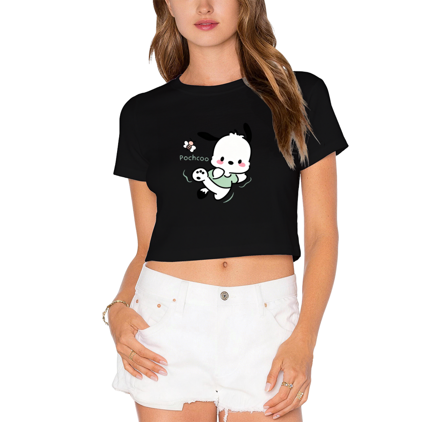 Minimal Hello Kitty Bow Graphic Green Cropped Short?Sleeve Top