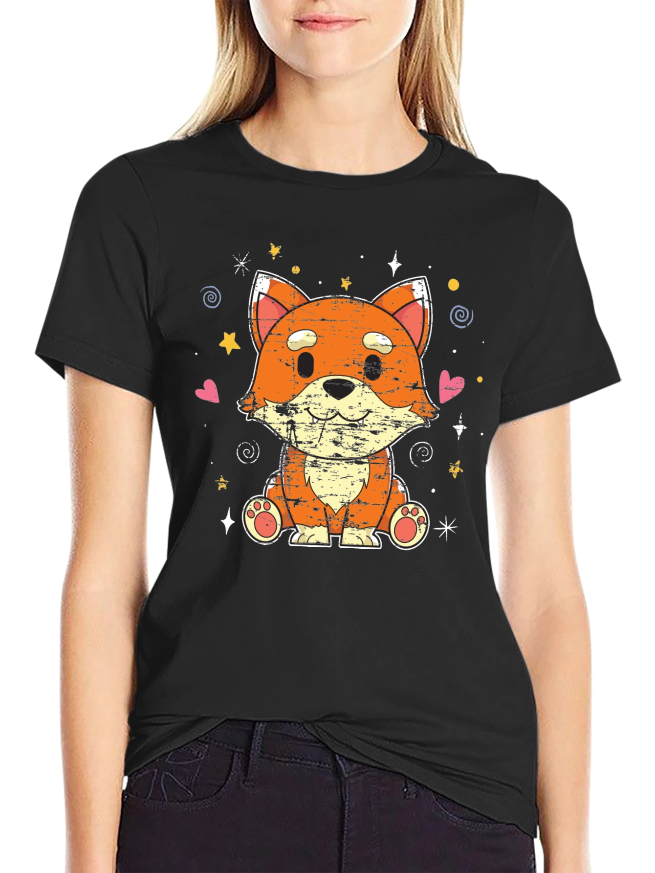 Cute Kawaii Fox Black T-Shirt