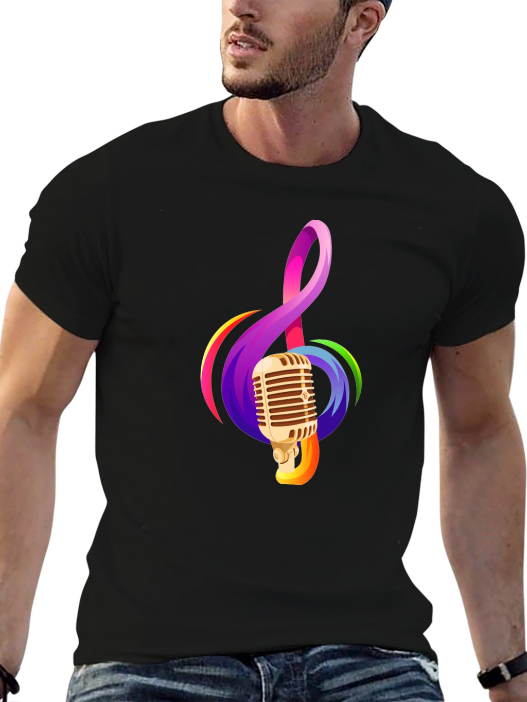 Retro Microphone & Musical Note Black T-Shirt
