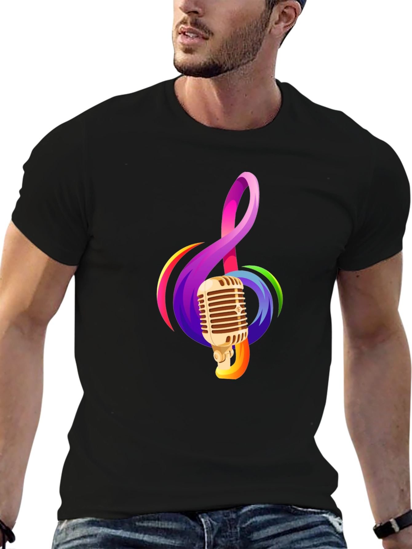Retro Microphone & Musical Note Black T-Shirt