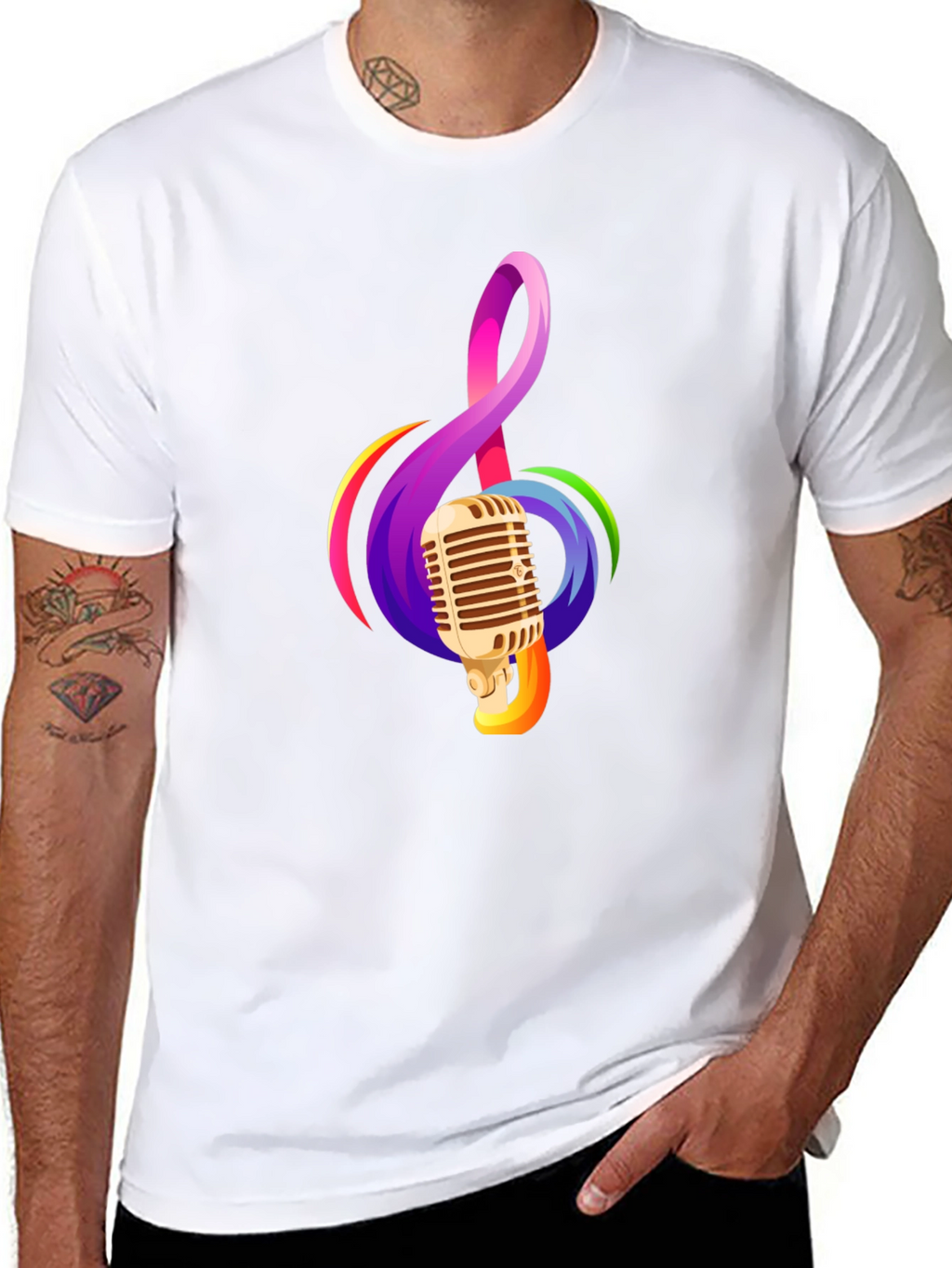 Retro Microphone & Musical Note Black T-Shirt