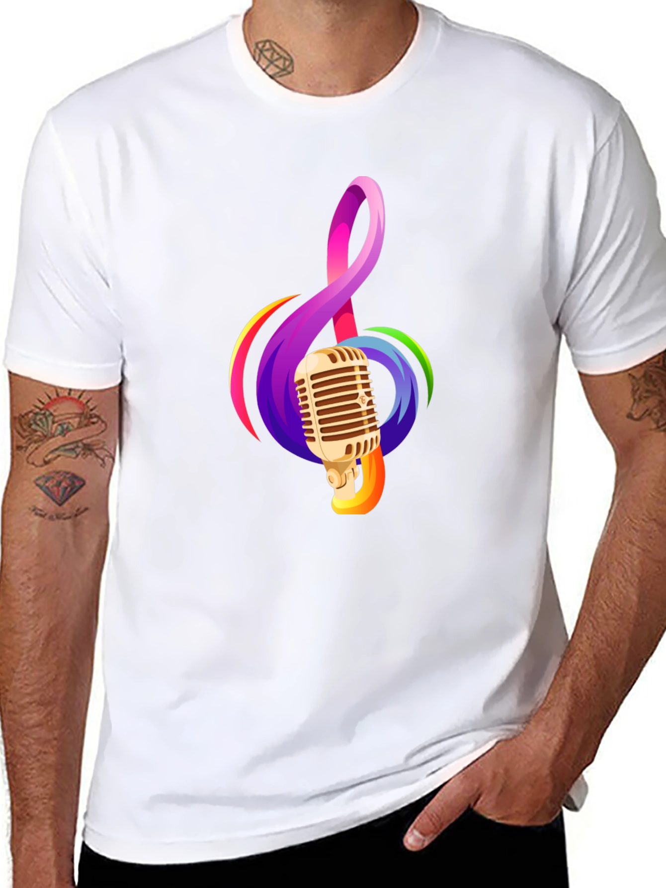 Retro Microphone & Musical Note Black T-Shirt