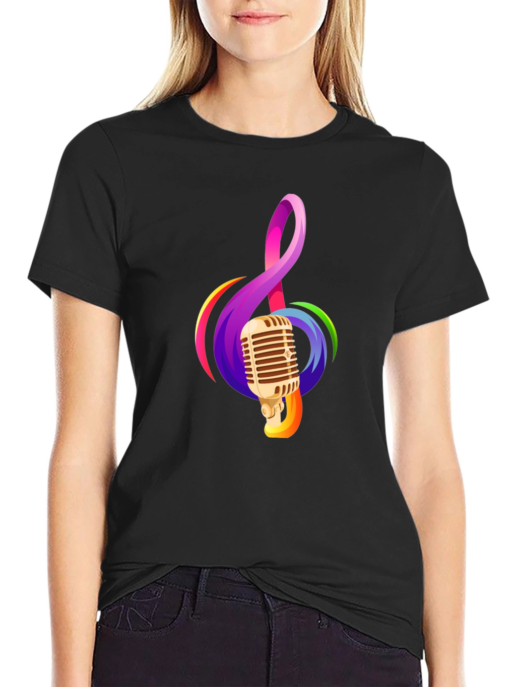 Retro Microphone & Musical Note Black T-Shirt