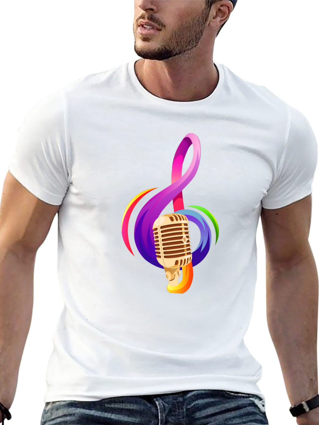 Retro Microphone & Musical Note Black T-Shirt
